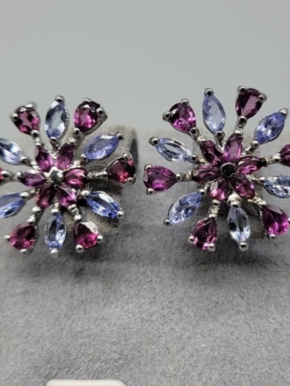 Sterling Silver Tanzanite Rhodolite Garnet Snowflake Starburst Cluster Earrings - Picture 7 of 10